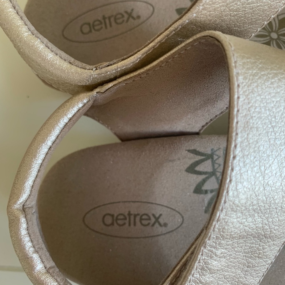 AETREX Gold and Tan Glitter Sandals with Ankle Strap - Picture 4 of 7